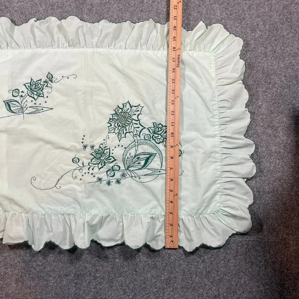 Vintage Pillow Shams Set of 2 Standard Mint Green Floral Embroidered Ruffled